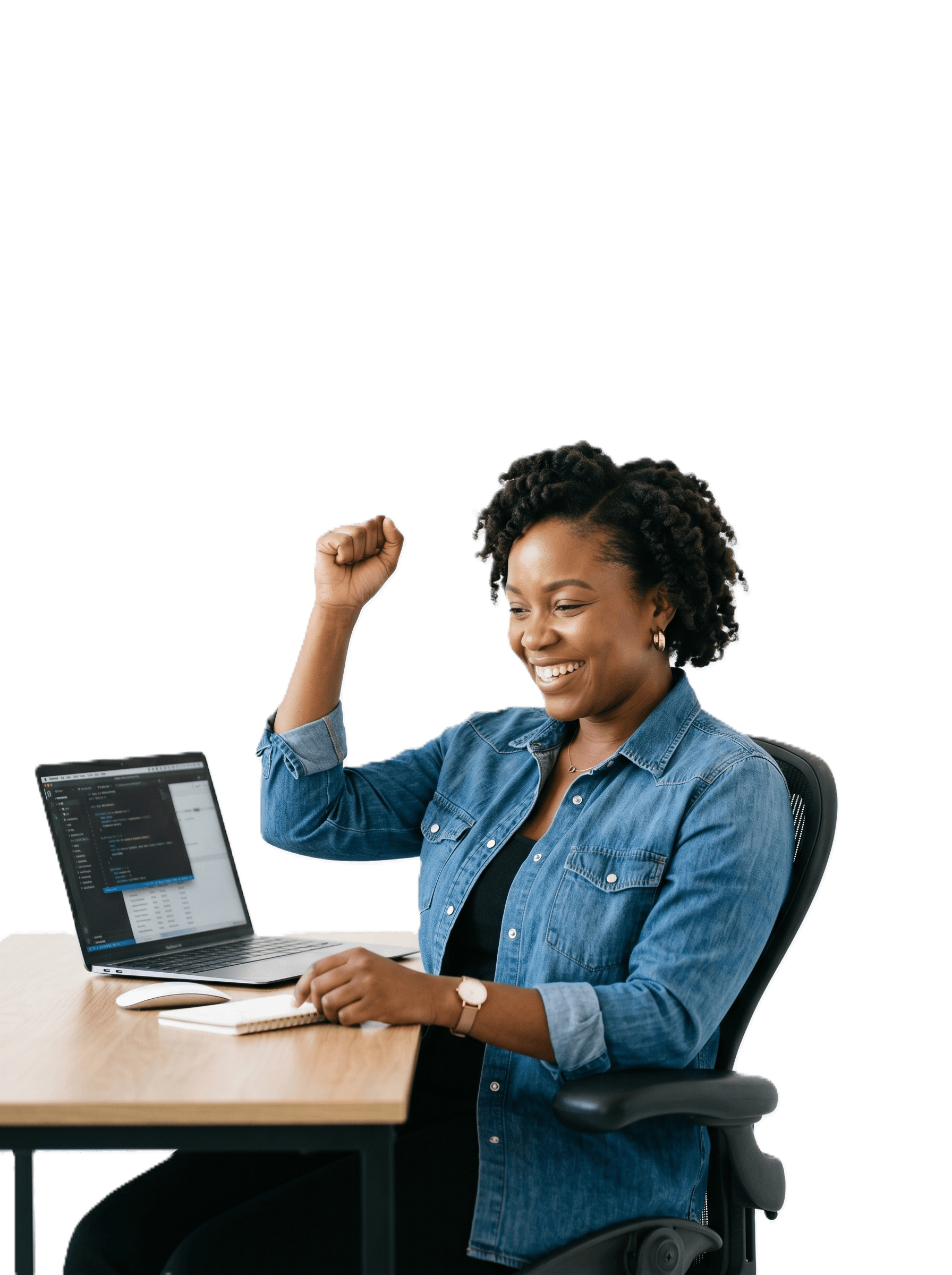 A professional celebrating a finished AI workflow at her laptop